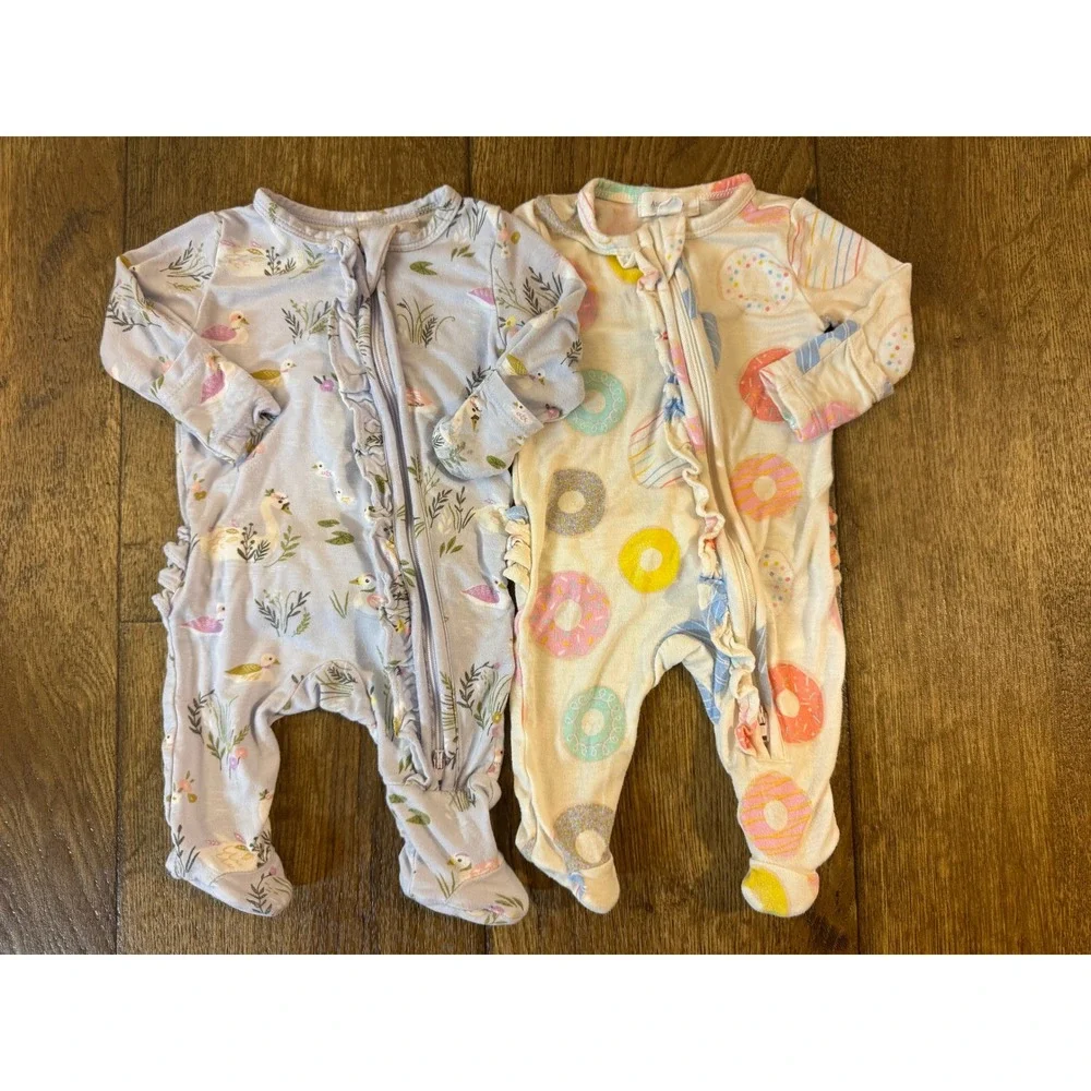 Angel Dear Newborn Baby Girl Bamboo Sleepers Ruffle Bottom Swan Donuts Bundle